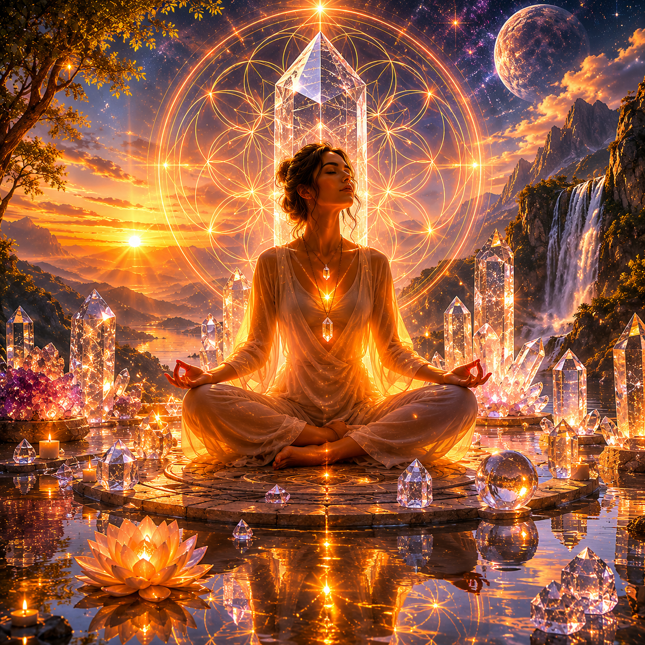 O Campo Cristalino 1 Pessoa em meditação cercada por cristais luminosos e geometria sagrada representando clareza interior, organização emocional e consciência cristalina.