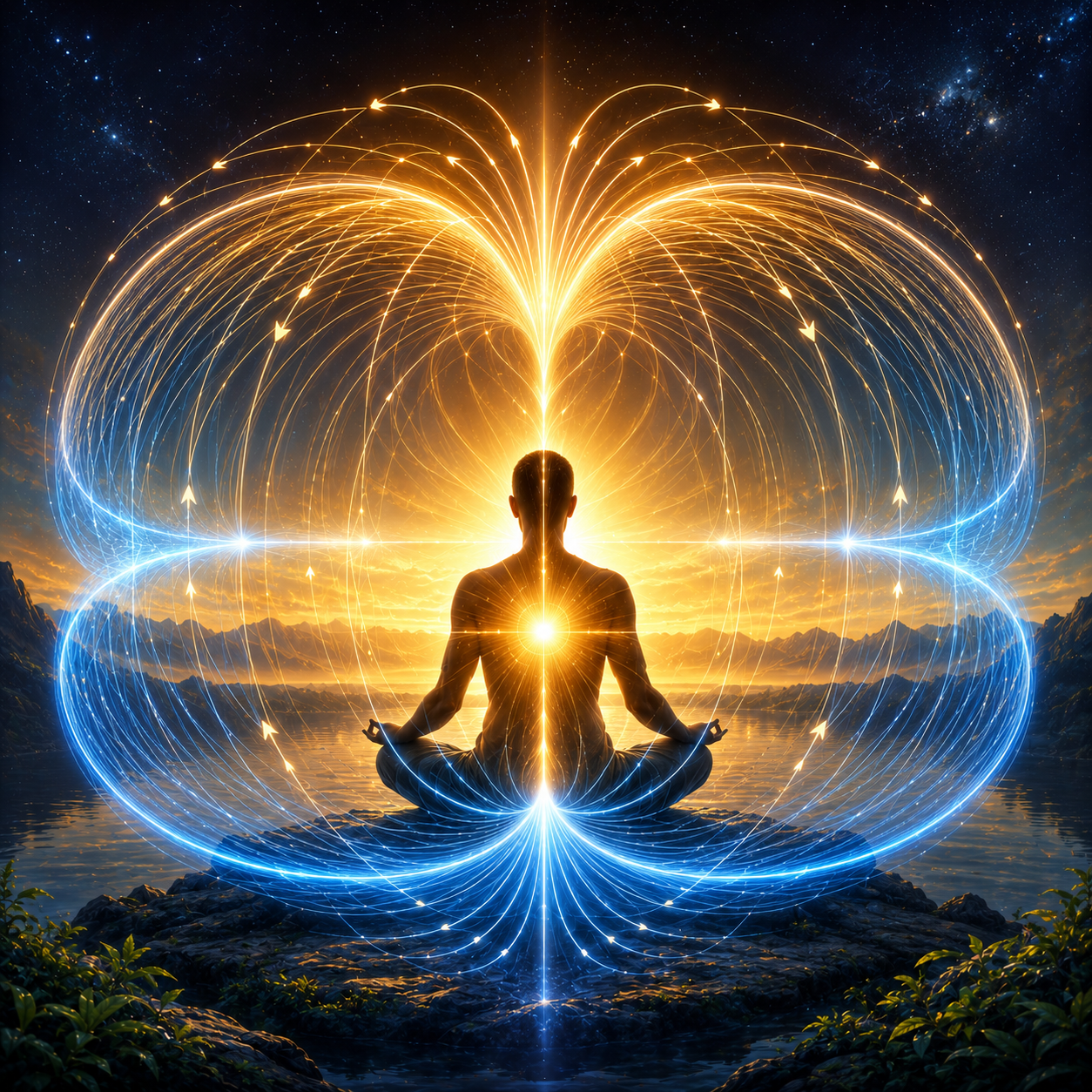 Pessoa em meditação cercada por um campo toroidal luminoso representando fluxo energético, equilíbrio interior, expansão da consciência e harmonia entre interior e exterior.