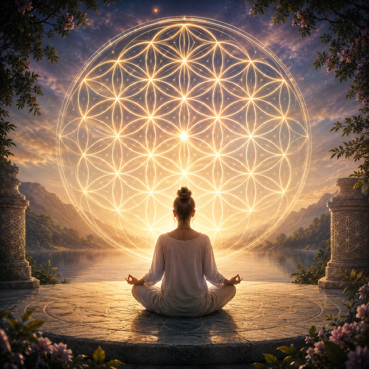 Pessoa em meditação diante da mandala da Flor da Vida luminosa representando geometria sagrada, interconexão, expansão da consciência e harmonia interior.