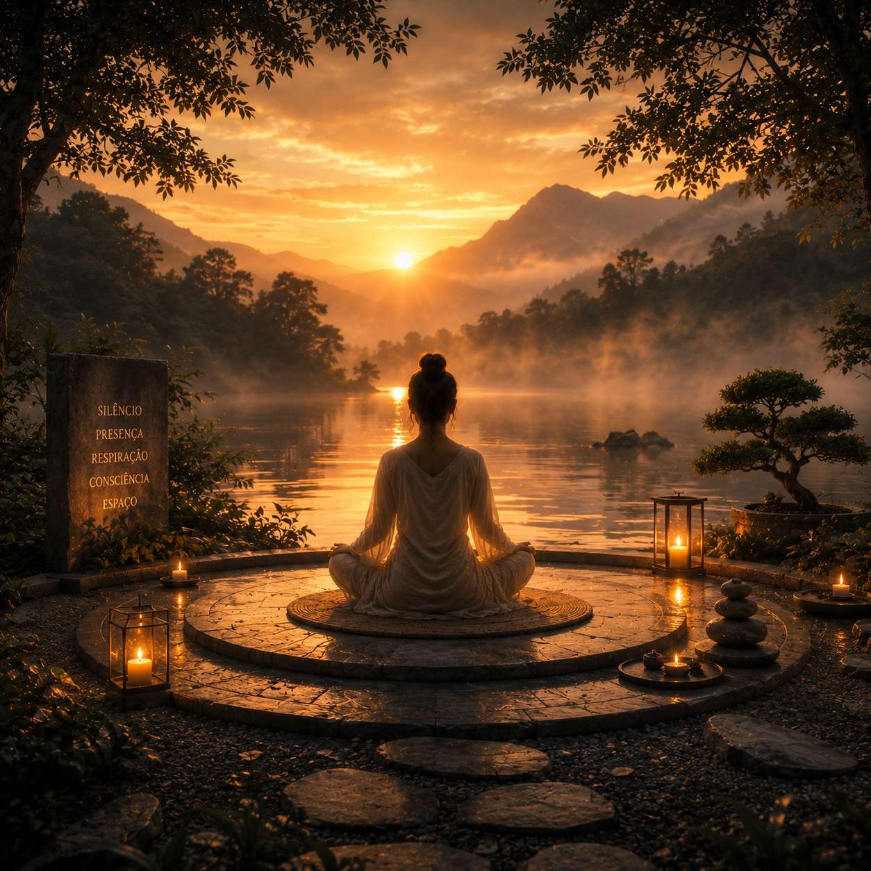 A Tecnologia do Silêncio 1 Pessoa em meditação diante de um lago ao pôr do sol representando silêncio consciente, presença interior e desaceleração da mente.