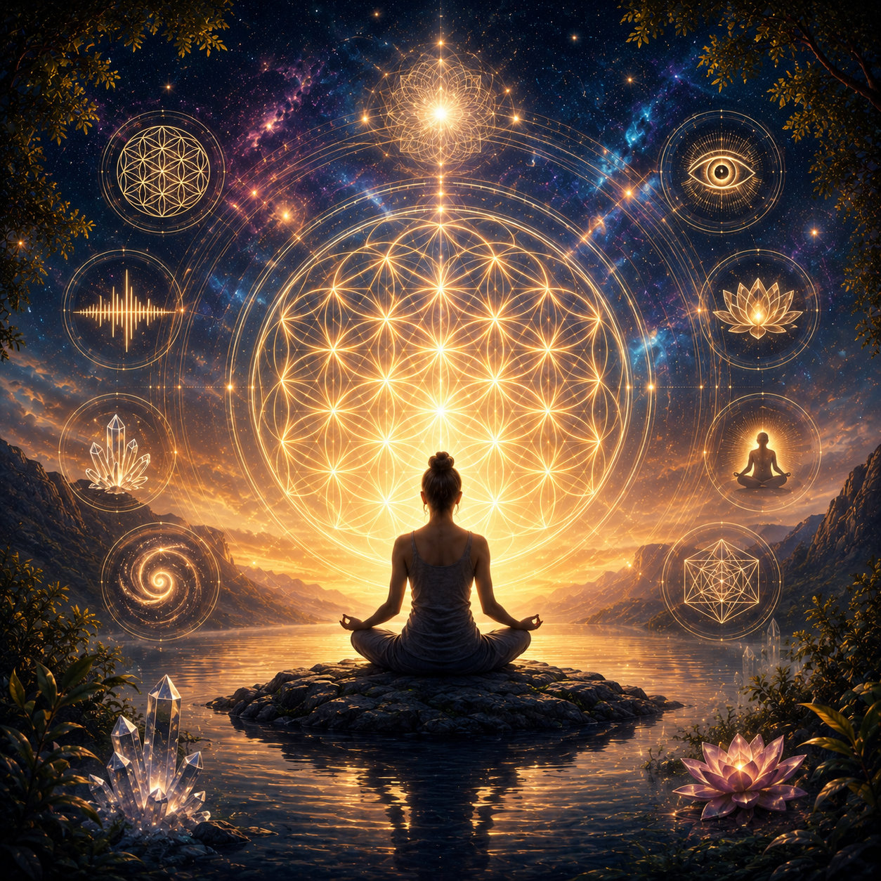 Pessoa em meditação diante de símbolos de geometria sagrada e luz cósmica representando tecnologias multidimensionais, presença interior e expansão da consciência.